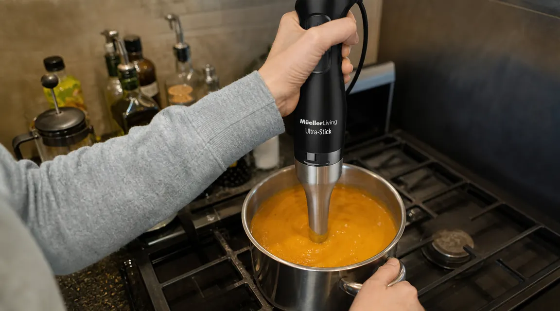 Hand holding the MuellerLiving Ultra-Stick immersion blender, blending directly inside a deep saucepan