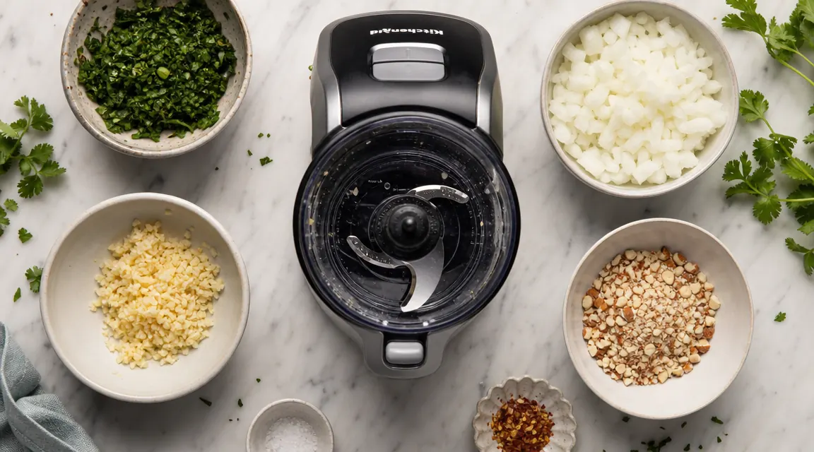 Mini food processor disassembled bowl, blade, and lid arranged on a dish towel for easy cleaning