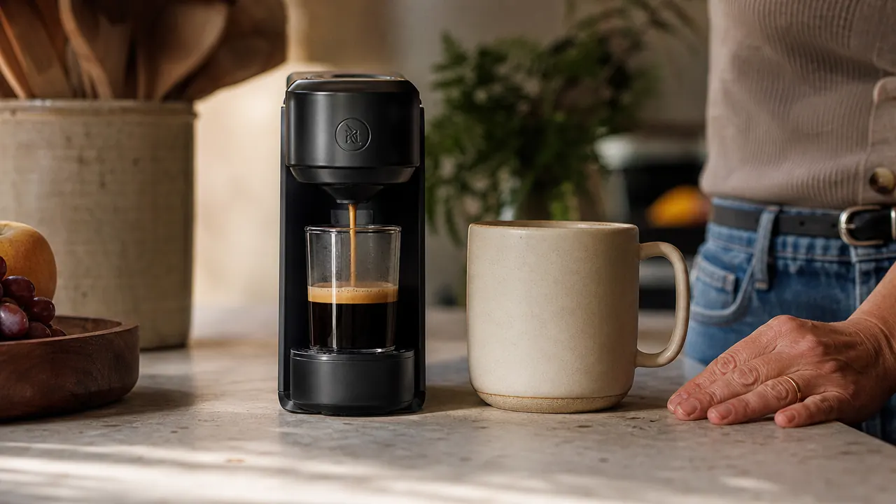 Side-by-side size comparison showing the Nespresso Essenza Mini footprint next to a standard hardcover book