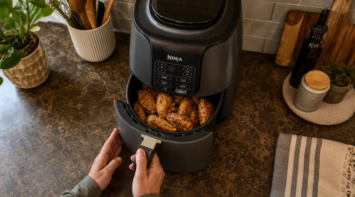 Hand placing a basket of seasoned chicken wings into the Ninja Air Fryer drawer