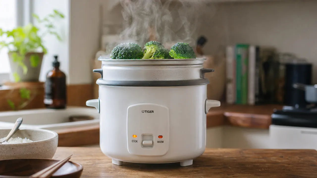 Small bowl of steamed broccoli and carrots next to a rice cooker on a compact kitchen counter