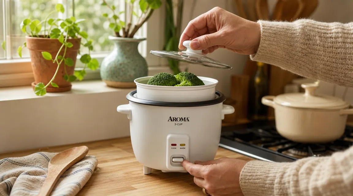 Small rice cooker with broccoli florets in the steam tray basket resting above the rice pot