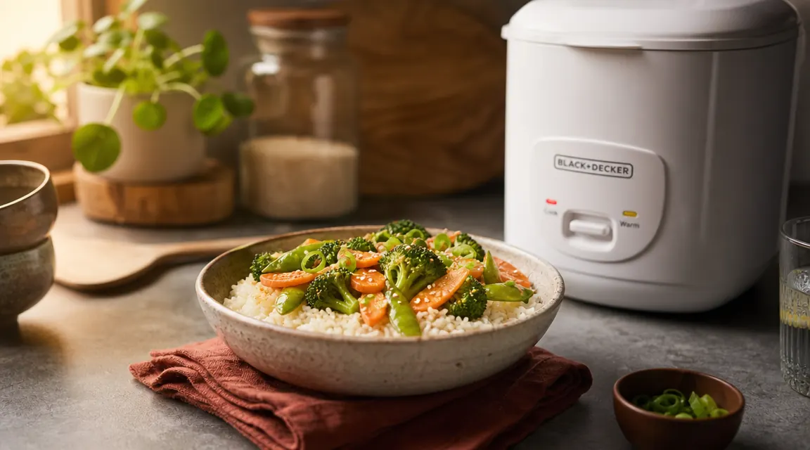 Person at a small kitchen table with a bowl of rice and steamed vegetables, relaxed weeknight dinner scene