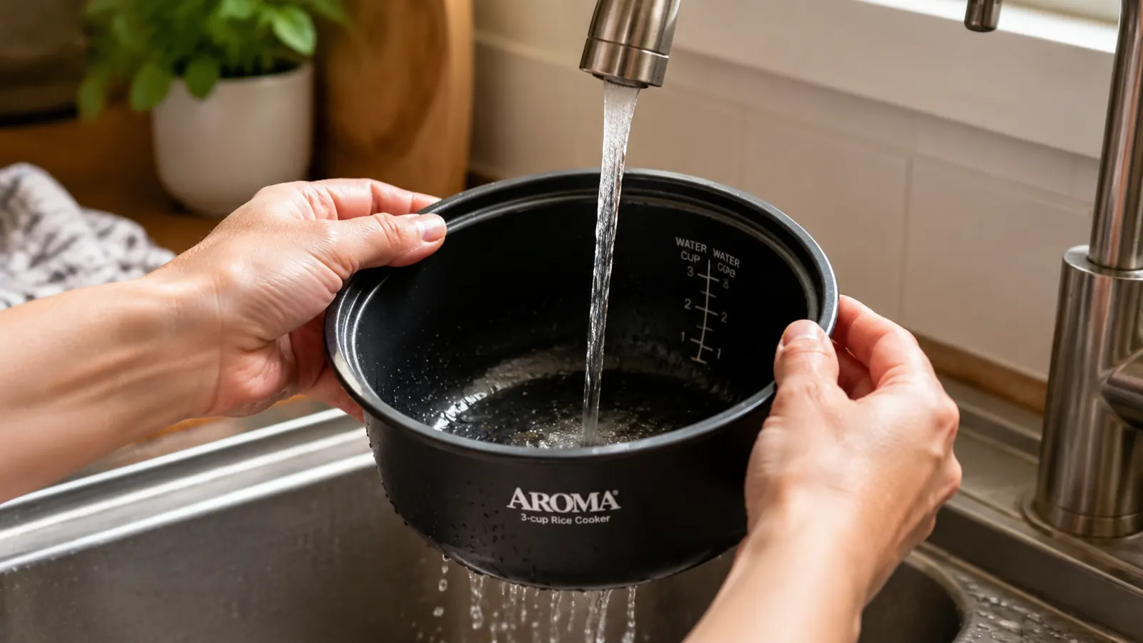 Aroma rice cooker inner pot being rinsed under a kitchen faucet for cleanup