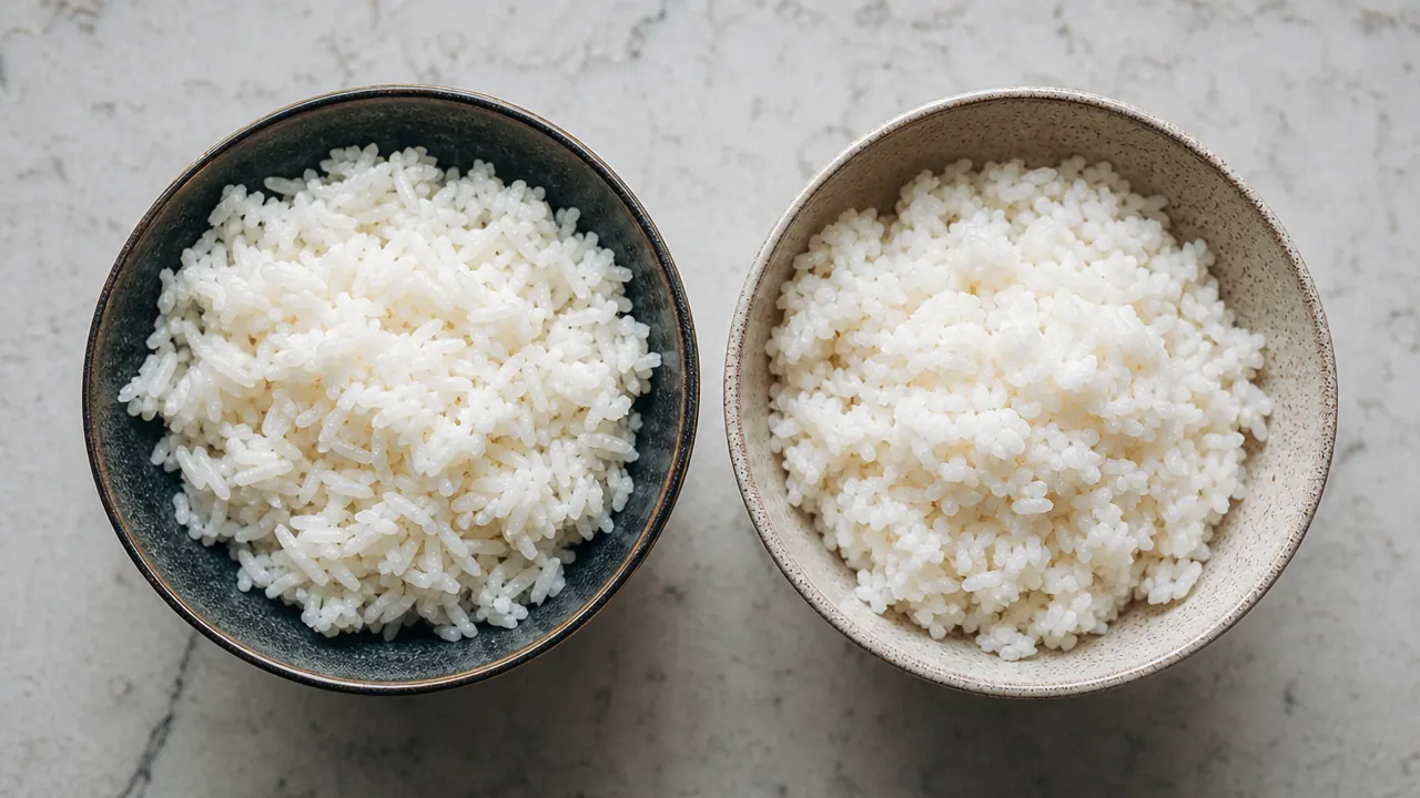 Cooked rice in a serving bowl next to the AROMA rice cooker in a compact apartment kitchen setting