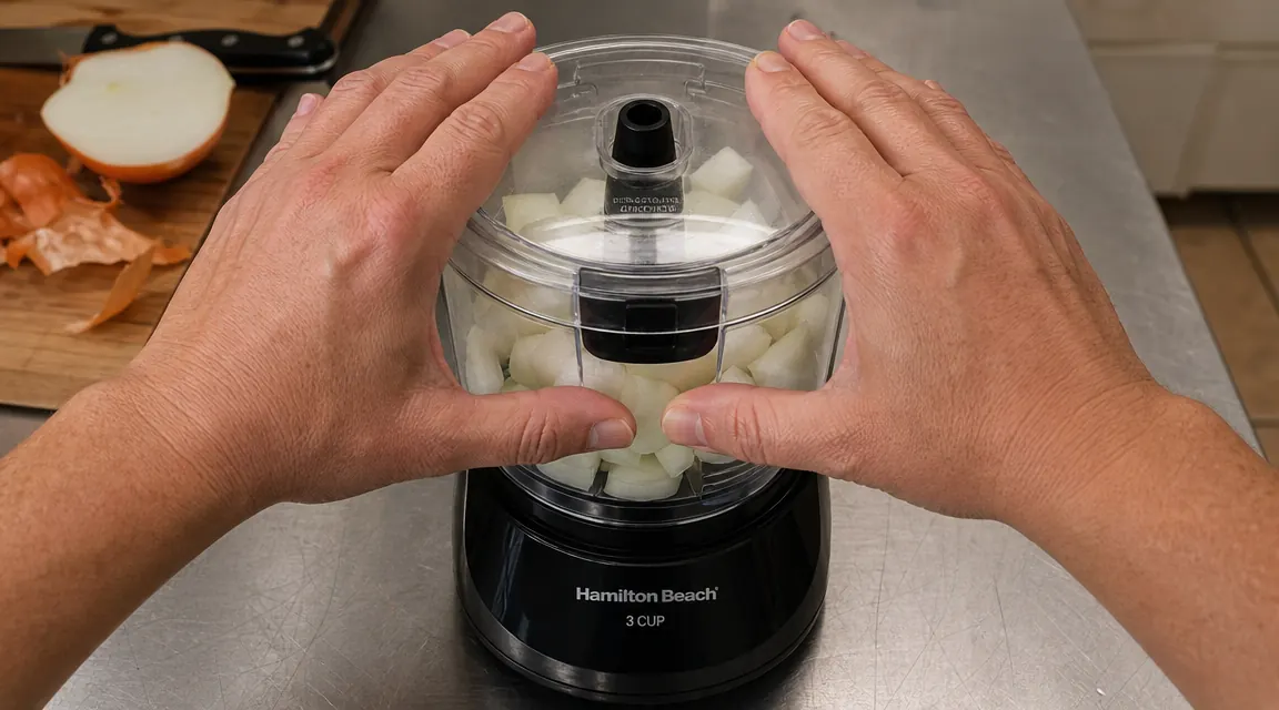Hand pressing the Hamilton Beach food chopper lid down over a bowl of rough-cut onion pieces