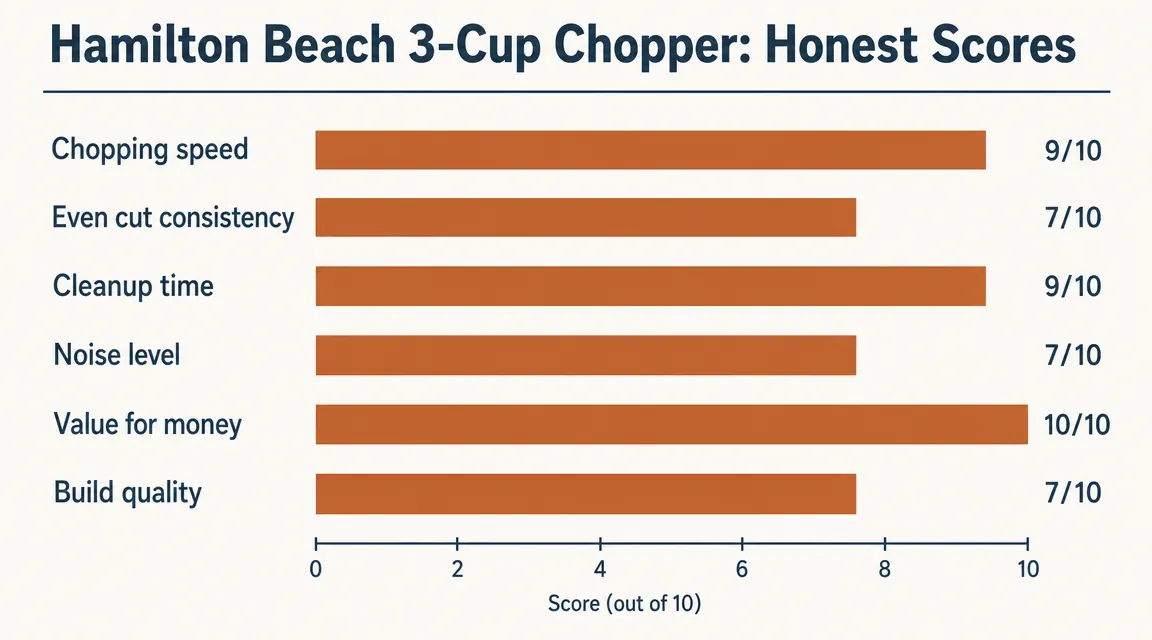 Side-by-side comparison chart showing Hamilton Beach 3-cup chopper specs versus marketing claims
