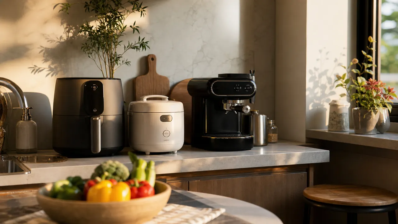 A tidy small kitchen counter in warm morning light, calm and inviting