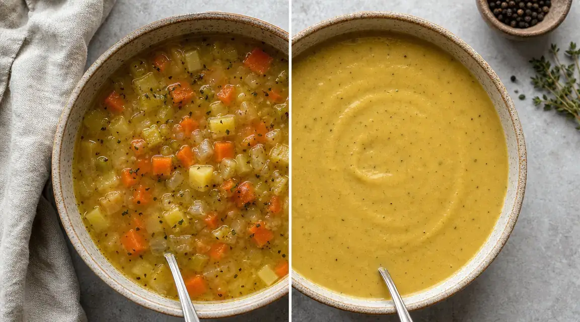 Two bowls side by side: one with lumpy unblended soup and one with silky smooth pureed soup
