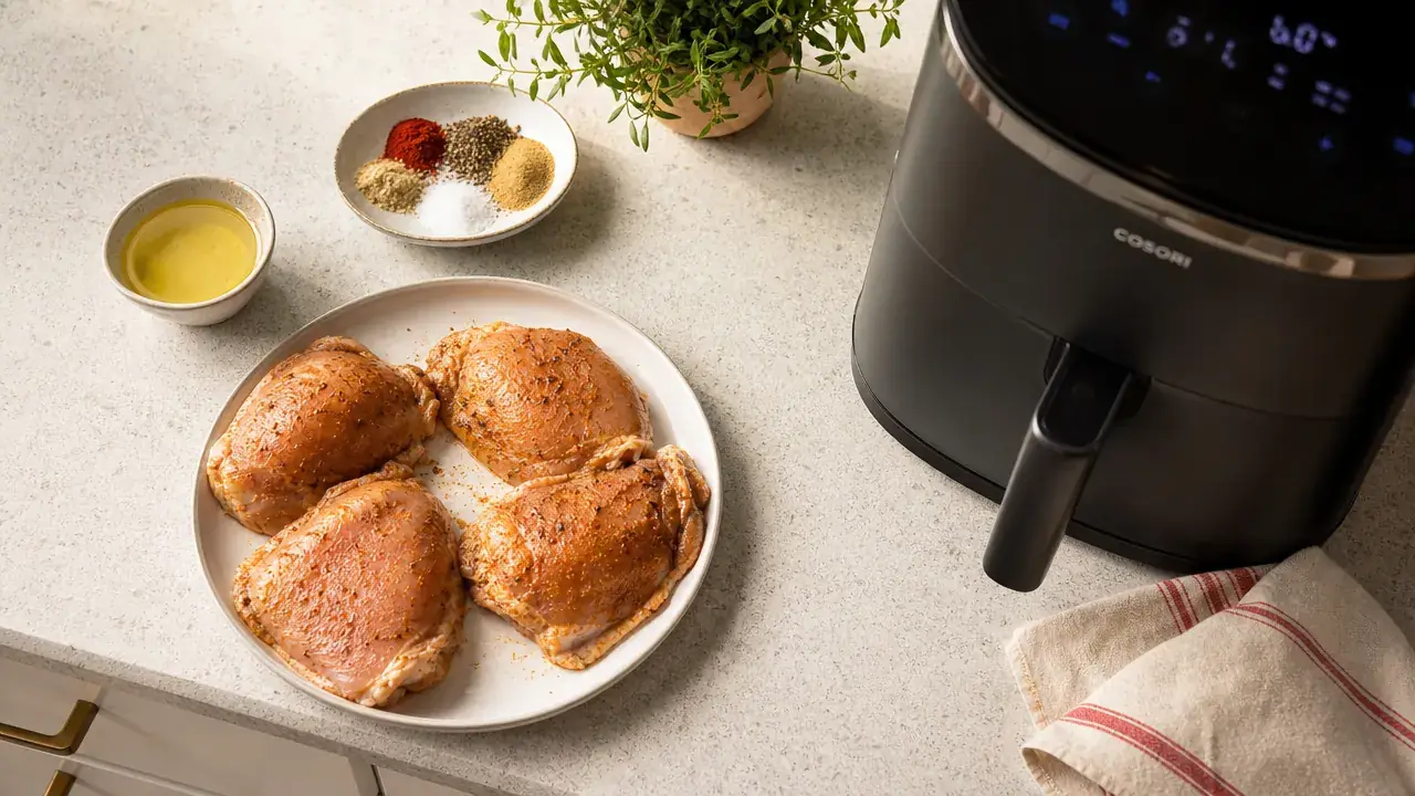 Person shaking a compact air fryer basket mid-cook over a small kitchen counter