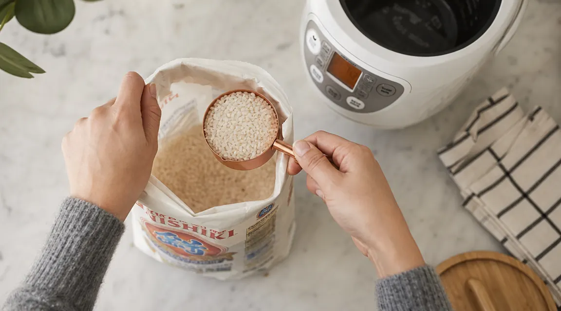 Hand rinsing dry rice in a mesh strainer under a kitchen faucet