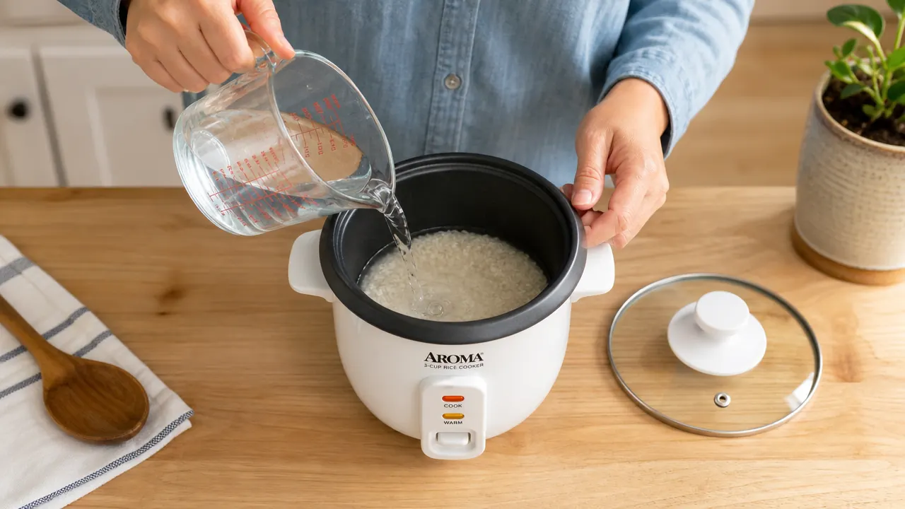 Measuring cup of water being poured into a compact rice cooker inner pot with rice inside