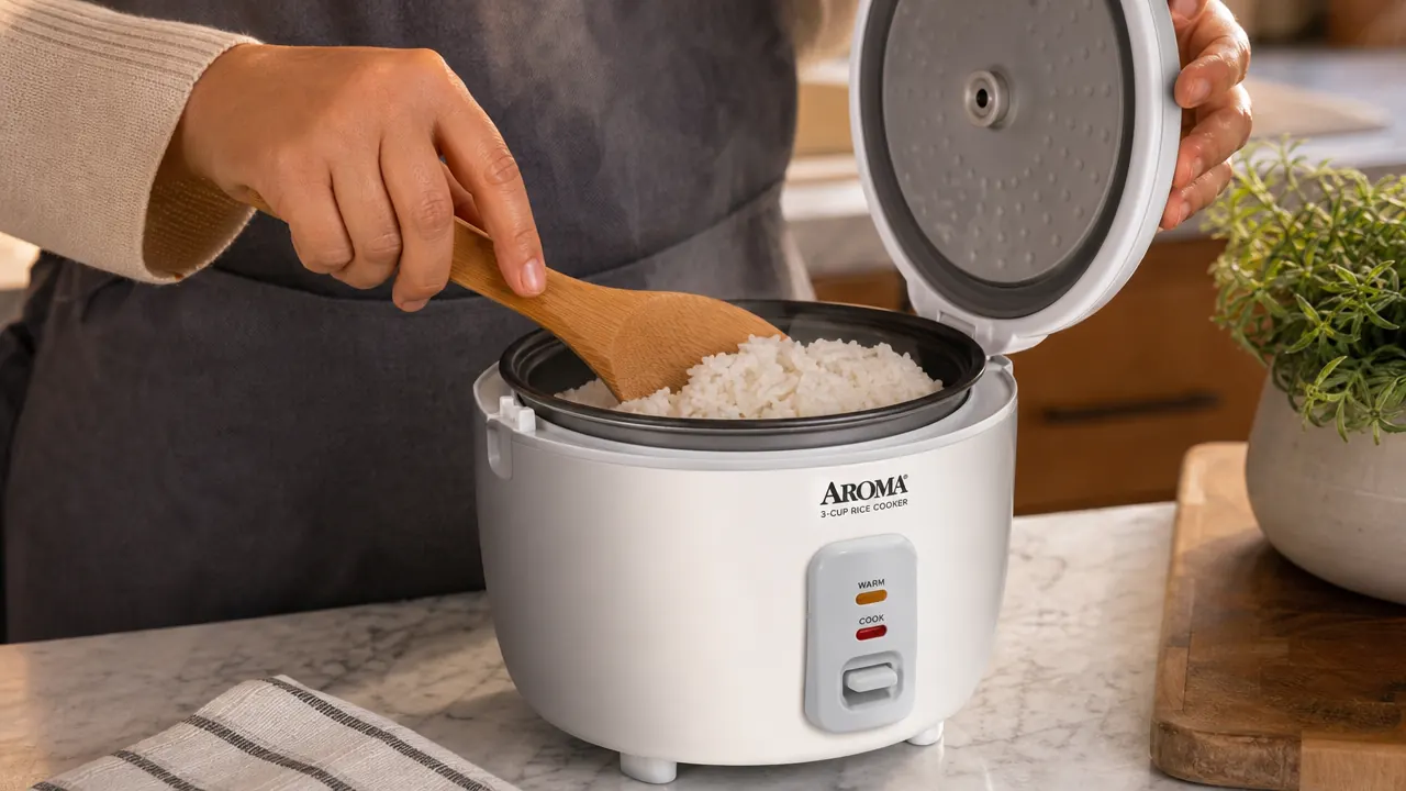 Rice cooker lid open showing perfectly cooked fluffy rice being fluffed with a wooden rice paddle