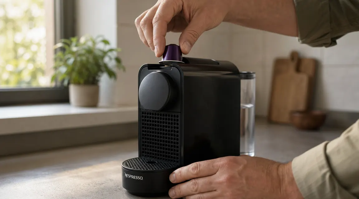 Hand inserting a Nespresso capsule into an Essenza Mini machine on a small kitchen counter