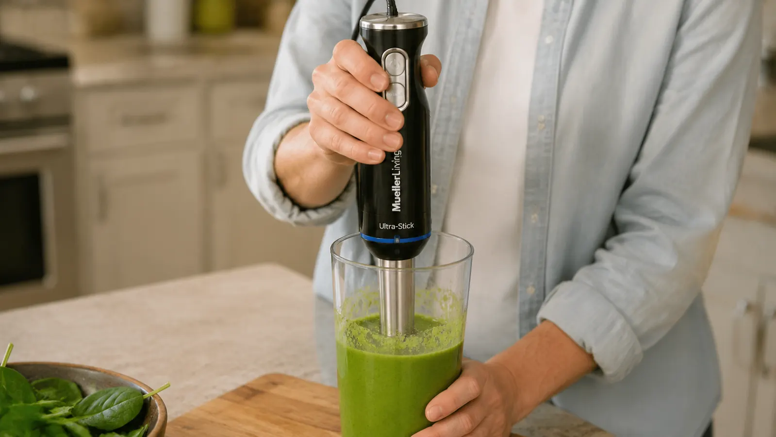 Hand holding an immersion blender submerged in a tall beaker of green smoothie