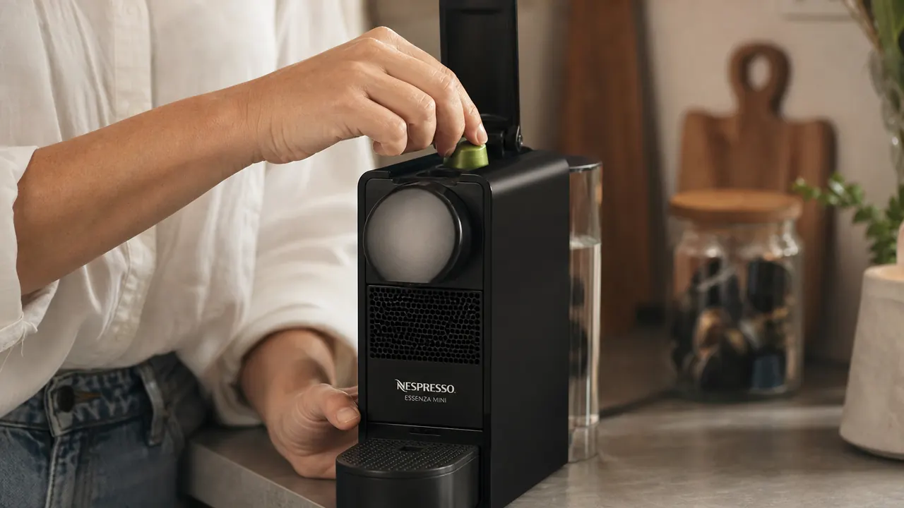 Hand inserting a Nespresso Original pod into the Essenza Mini capsule slot