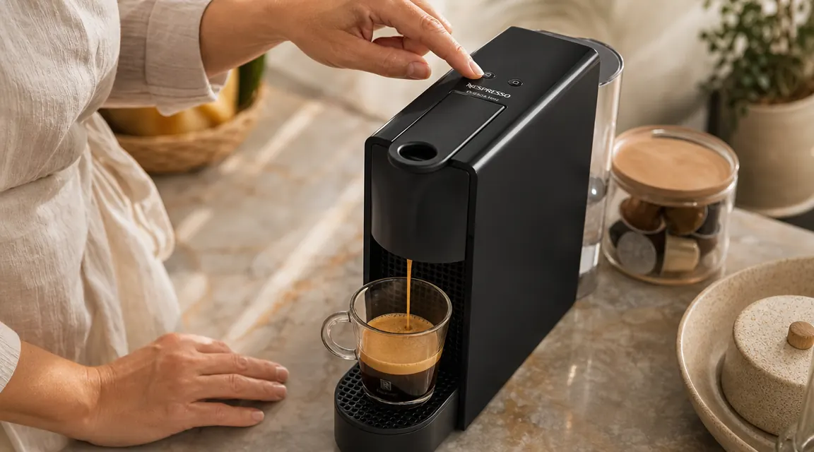Hand pressing the espresso button on the Nespresso Essenza Mini while a small cup fills below the spout