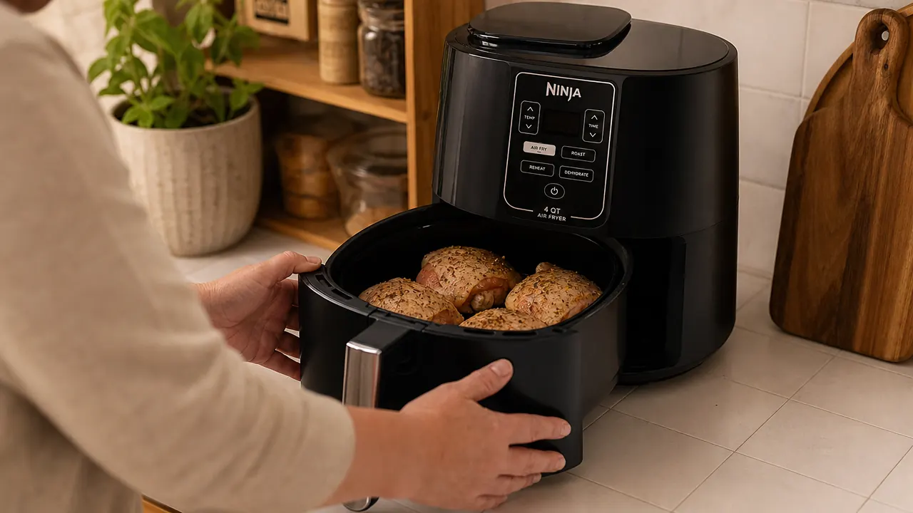 Man placing chicken thighs into the Ninja Air Fryer basket in a compact kitchen