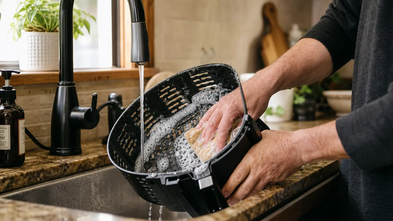 Ninja air fryer basket and crisper plate soaking in soapy water in a small kitchen sink
