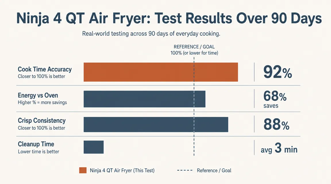 Chart showing average cook time and crispiness results across five foods tested in the Ninja air fryer over 90 days