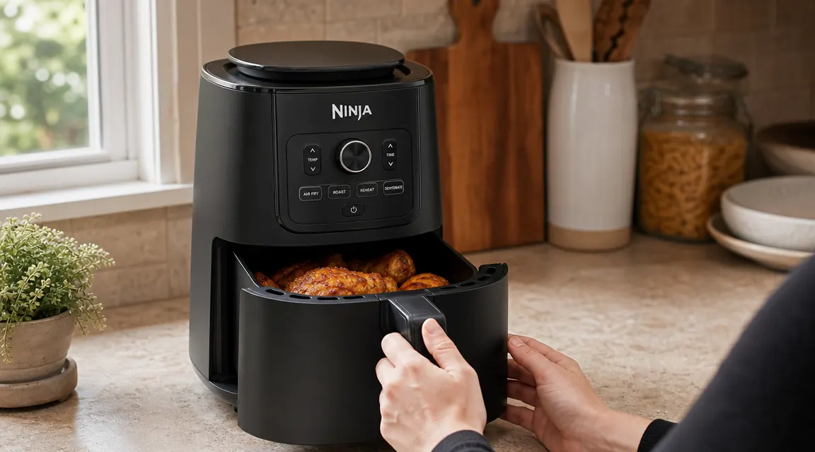 Close-up of the Ninja Air Fryer sitting on a countertop near a kitchen window showing the control buttons